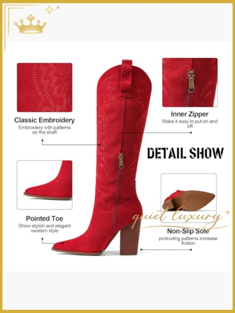 Knee High Cowboy Boots Pointed Toe Chunky Heel Pull-on Embroidered Wide Calf - Picture 4 of 7